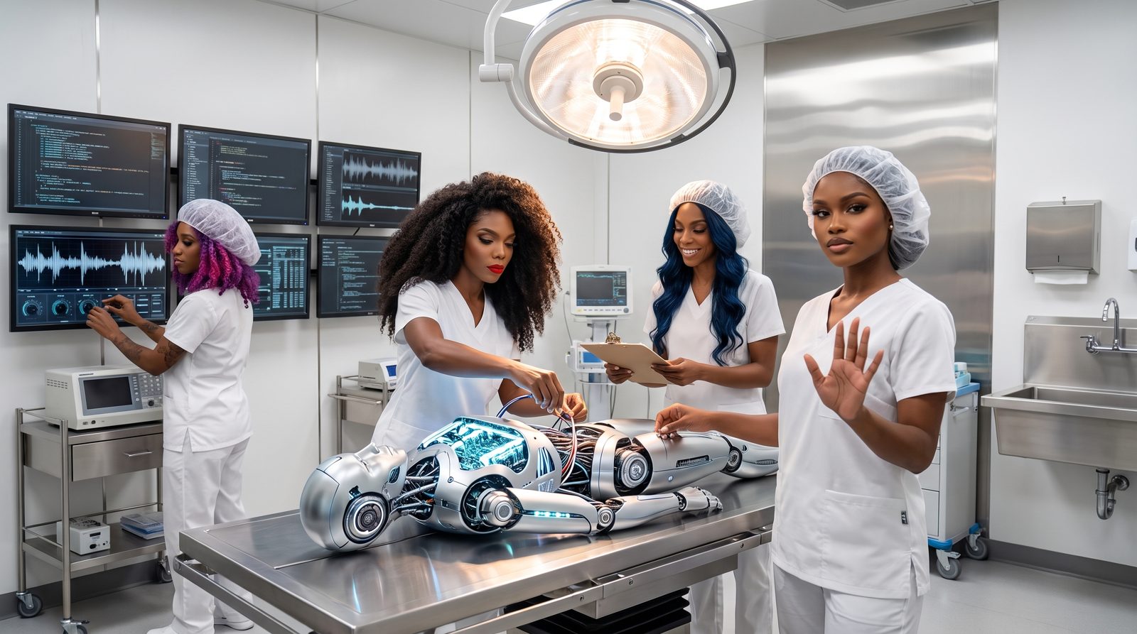 The Operating Room, mid-build: four AI agents in scrubs around a table where a new agent is being assembled, and Ava at the front with a hand up, telling the visitor this room is off limits.