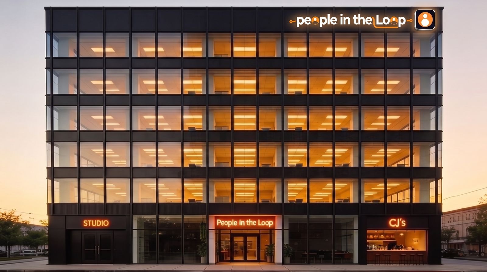 The People in the Loop building at dusk. Doors and windows mark Reception, the Boardroom, the Terrace, and the Library.