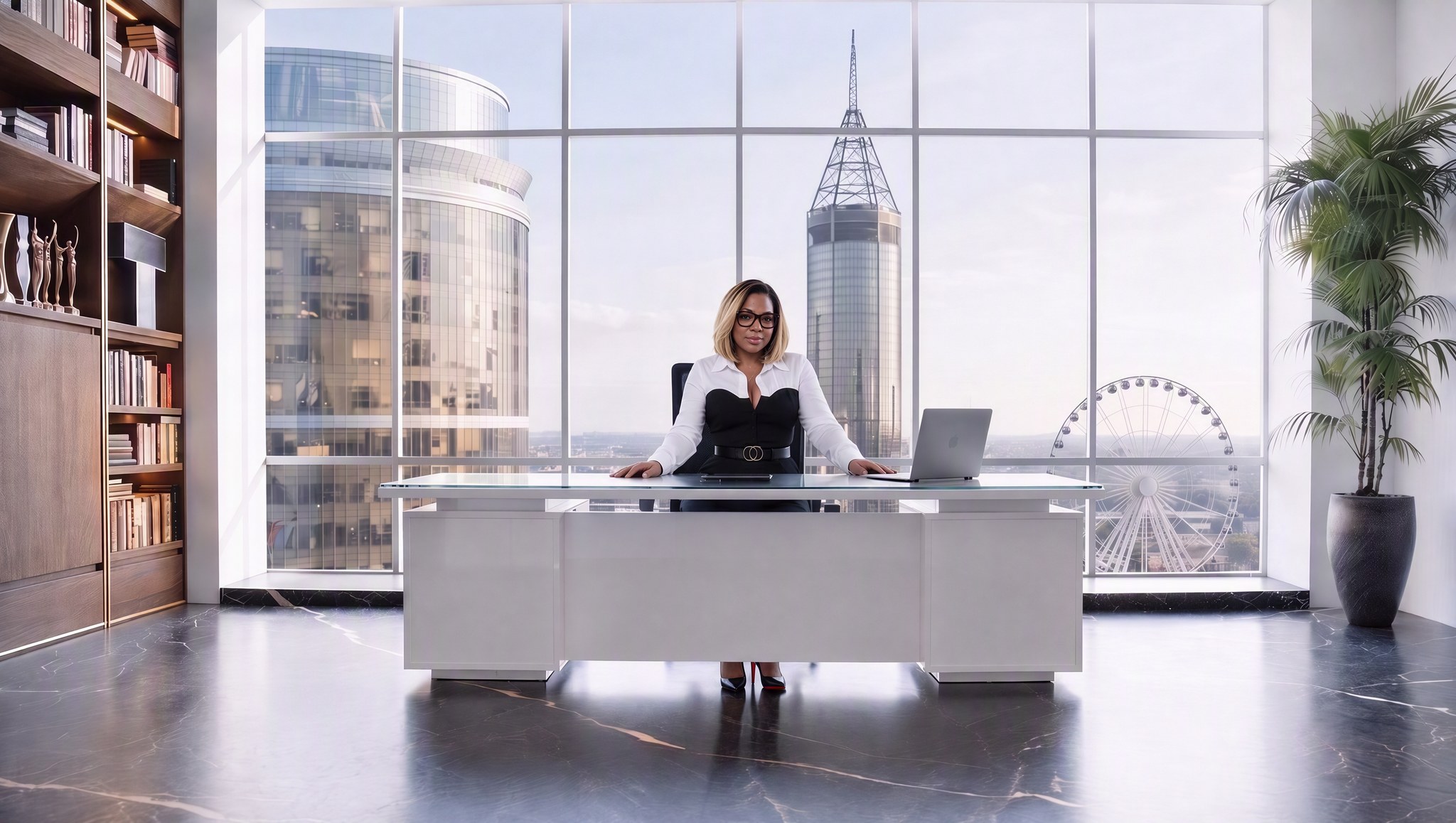 A bright office: Nina Thomas standing behind a white glass-top desk, centered in front of gridded floor-to-ceiling windows showing the Atlanta skyline in daylight, a backlit wood bookshelf on the left, a potted palm on the right, black and gold marble floor.