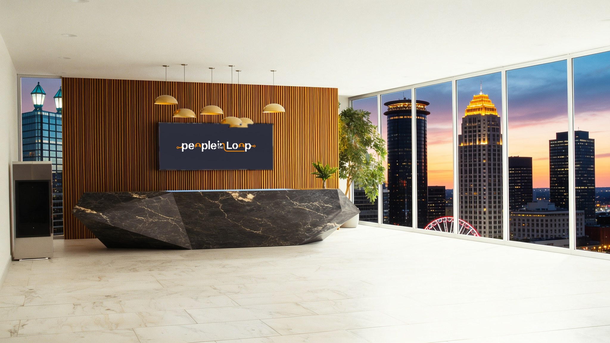 The People in the Loop reception: a faceted dark marble desk in a bright lobby, a wood slat wall carrying the People in the Loop logo on a navy panel, brass pendant lights, and floor-to-ceiling windows showing the real Atlanta skyline at dusk.